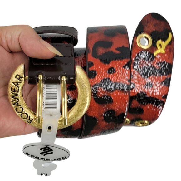 Rocawear Belt Faux Leather Animal Instinct Rocker Punk Blk Red Gold Buckle Sz S - Picture 1 of 9